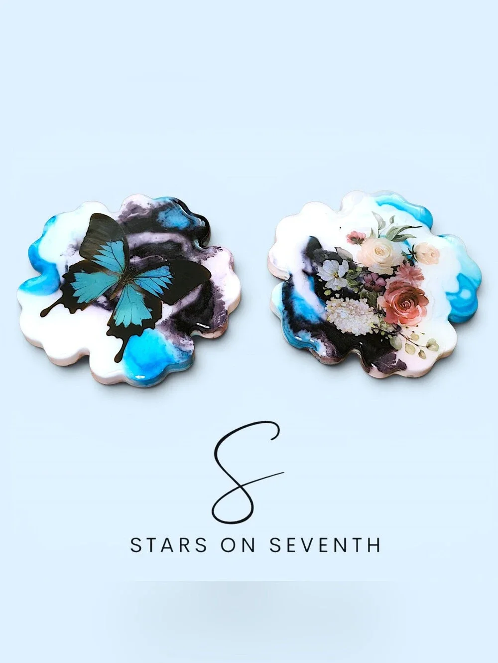 (2) 3-inch Ceramic Resin Coasters | Teal Butterfly & Floral